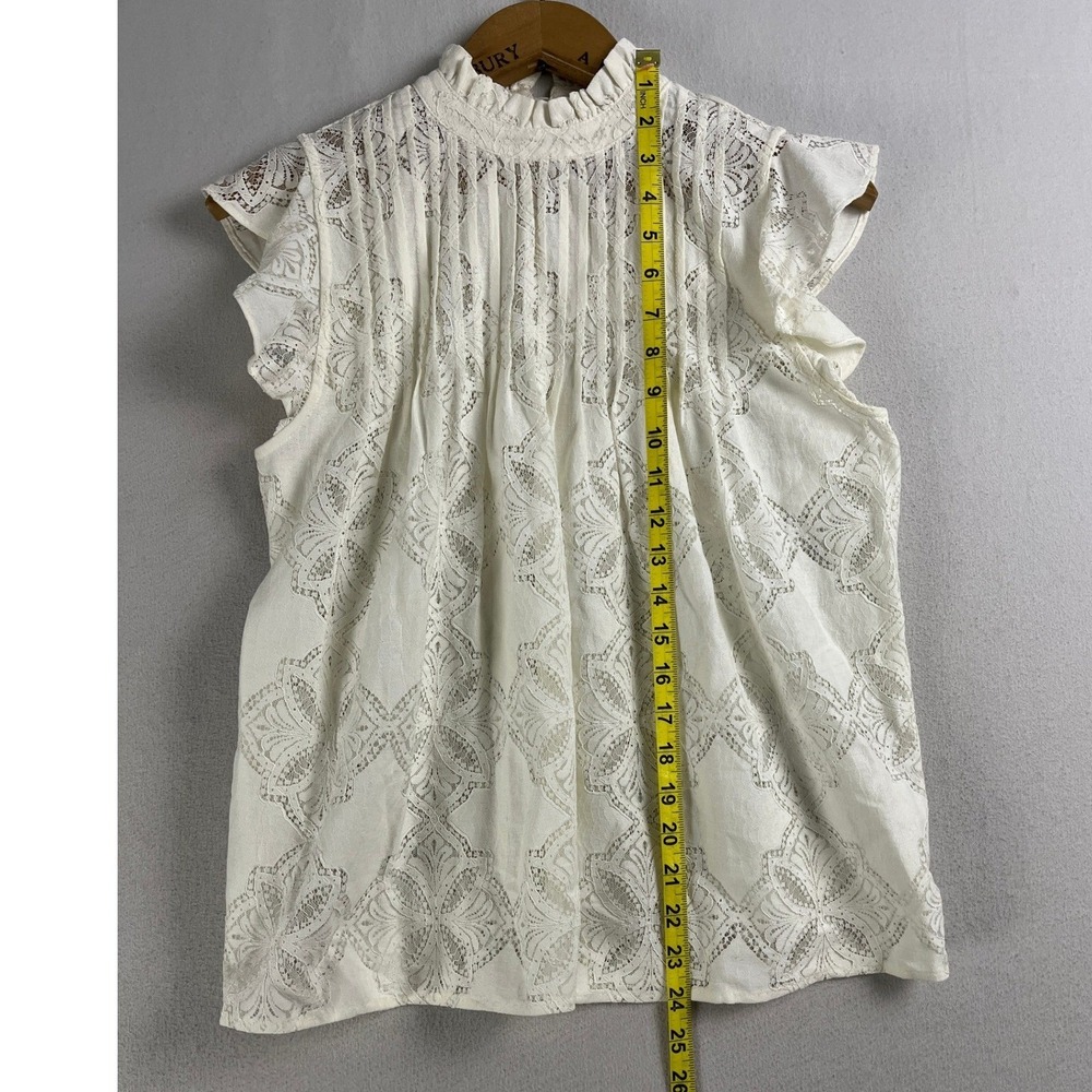Ivory Lace Ruffle Mock Neck Sleeveless Blouse XS Pleated Boho Top - Picture 7 of 7